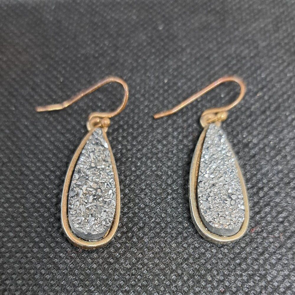 Gunmetal Grey Druzy Dangle Teardrop Earrings in Antiqued Setting